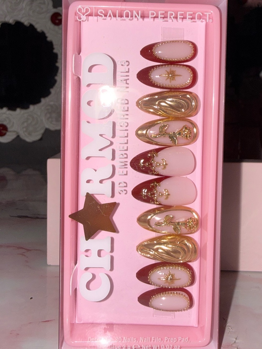Charmed 3D Embellished Press-On Nails in Pink, Burgundy & Gold - Picture 3 of 8